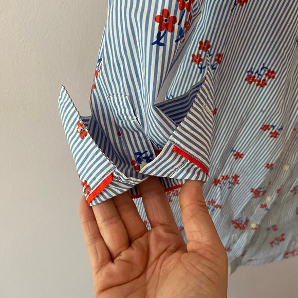 Boden 6 Blue White Stripe Red Floral Button Down Knee Length Shirt Dress Cotton - Picture 4 of 9
